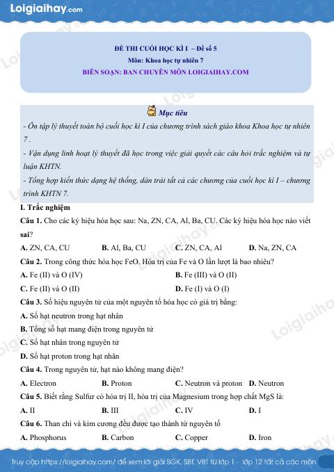 Đề thi học kì 1 KHTN 7 Cánh diều - Đề số 15